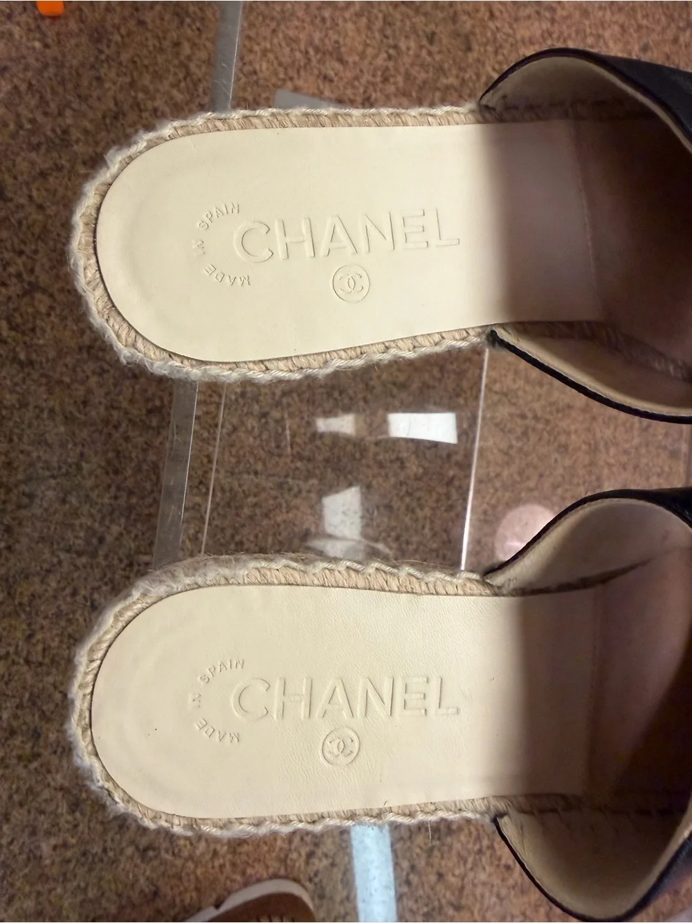 CHANEL Authentic Black Leather Patent CC Espadrille Mule Slides Size 39